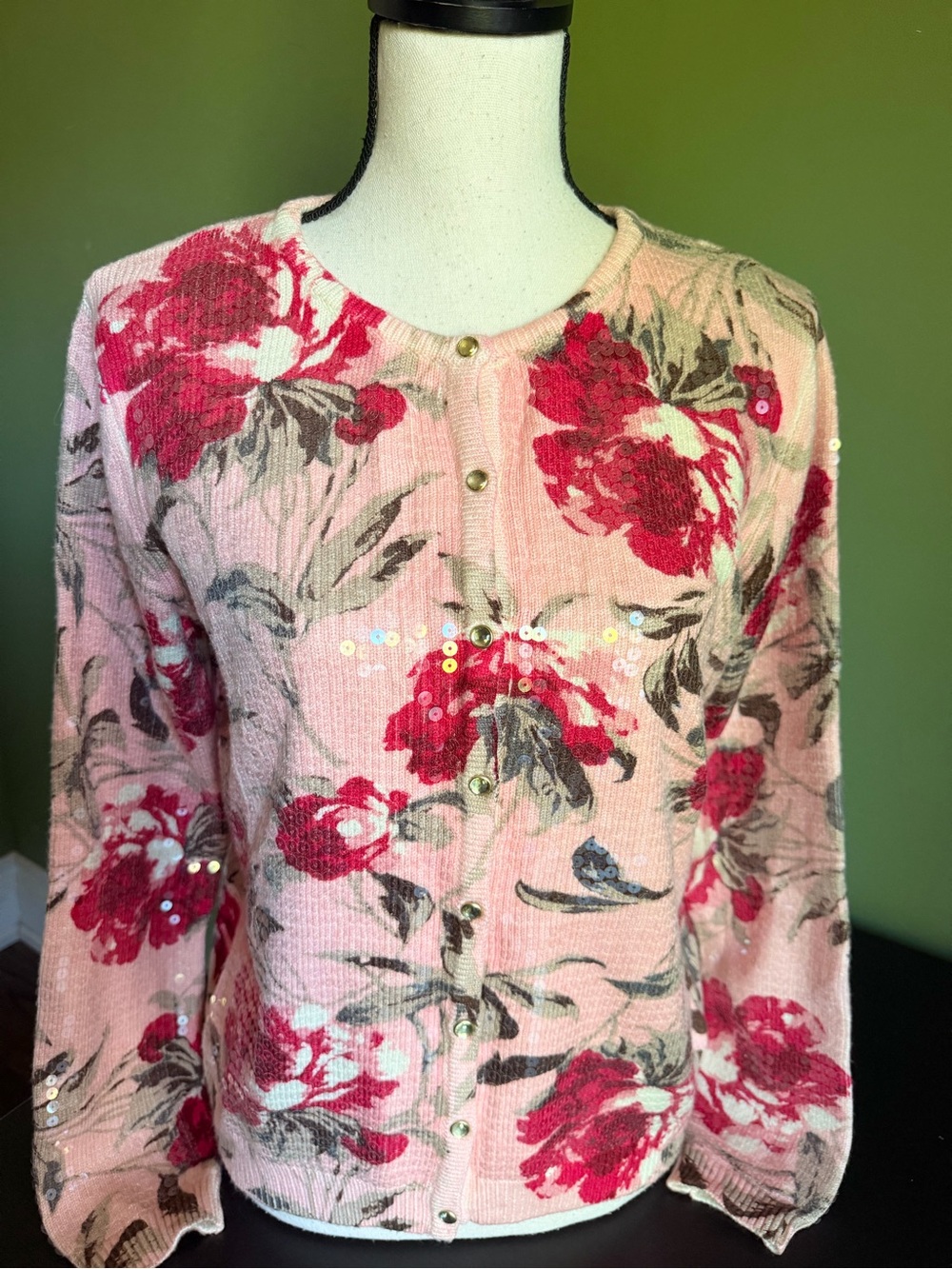 Isaac Mizrahi Pink Floral Sequin Cardigan